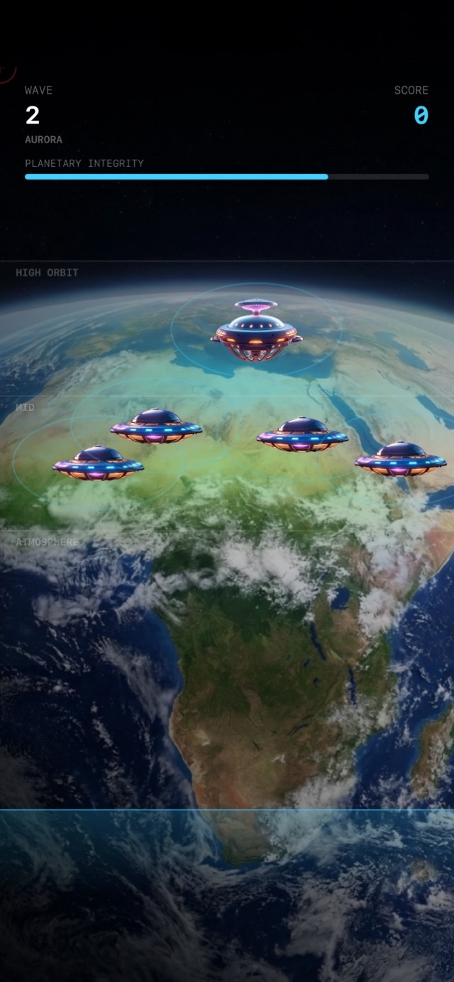 Wave 2 under the aurora, five hulls over a daylit Earth.