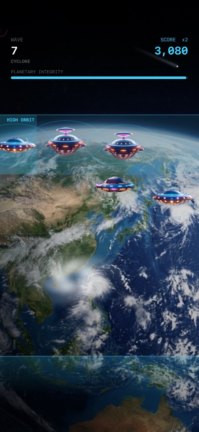 Wave 7 during a cyclone: score 3,080 at ×2 with the HIGH ORBIT band active.