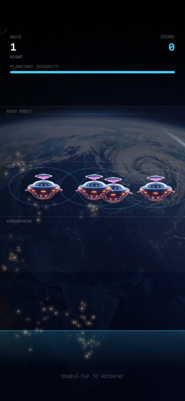 Wave 1 on the night side, city lights below the three labelled bands.